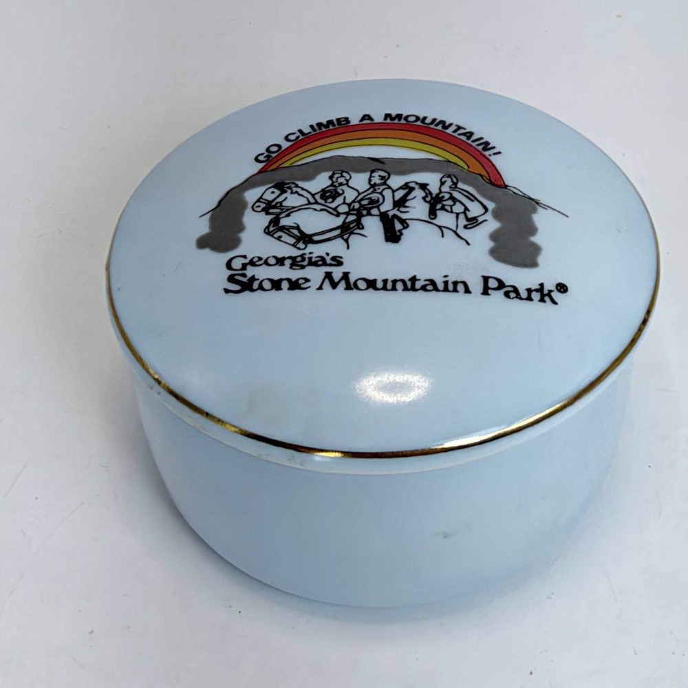 Vintage Stone Mountain Park Georgia Trinket Box Go Climb A Mountain Blue Ceramic